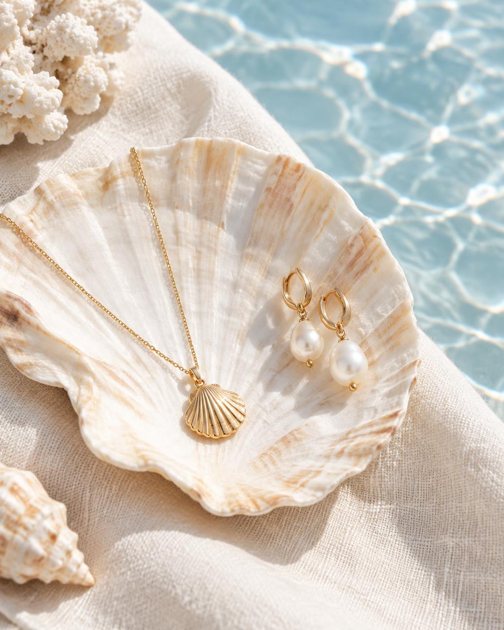 Gold shell jewelry and pearls on linen
