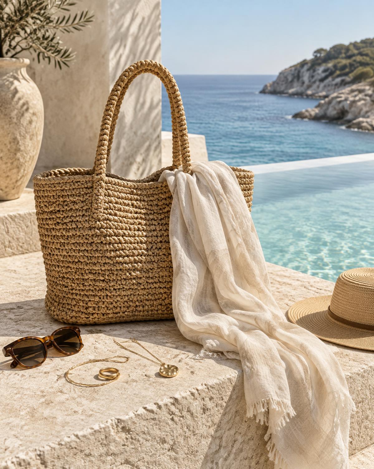 Woven coastal tote with a light linen wrap
