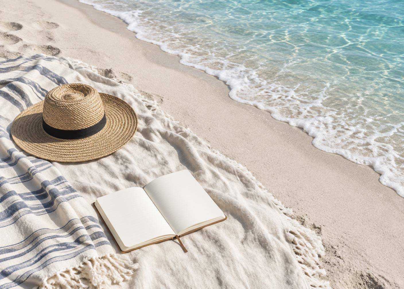 A quiet beach picnic with an open journal